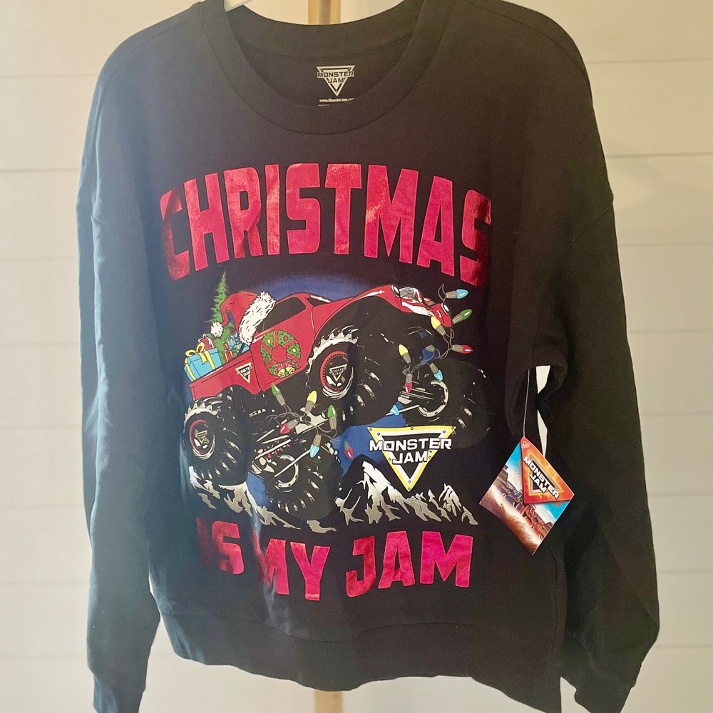 Monster Jam Christmas Is My Jam Black Crewneck Sweatshirt Kids XL 14 16 Truck‎